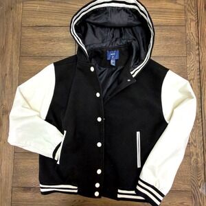 Forever 21 Women Varsity Jacket Black Cream Hooded Letterman Faux Leather Large